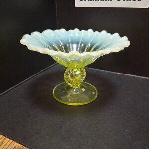 Antique 1900s  Northwood Uranium Glass Compote - Beaded Panel Opalescent